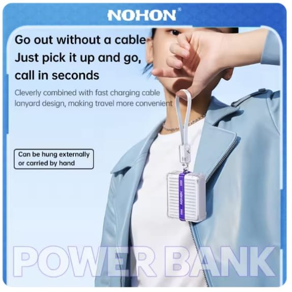 10000mAh 30W Fast Charging Mini Power Bank | Transparent Case | 3-in-1 Cable | Digital Display | Detachable Type-C | Purple | Light weight